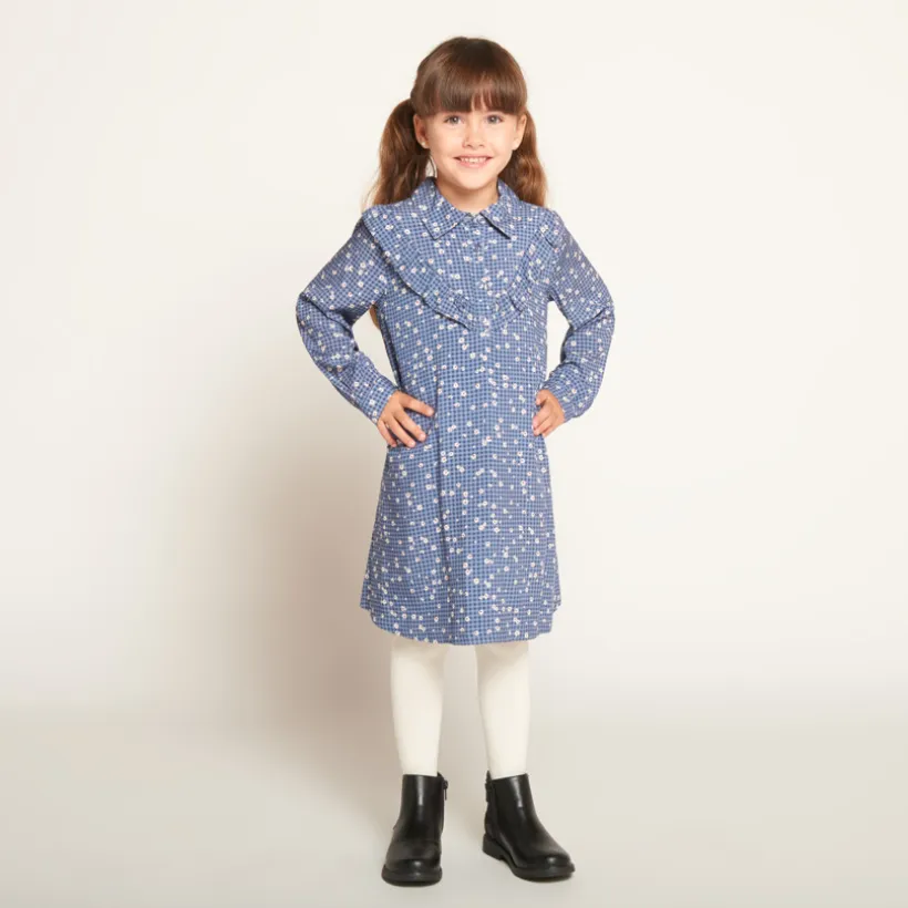 Robe manches longues à carreaux imprimé fleurs pour fille