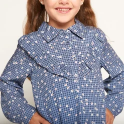 Robe manches longues à carreaux imprimé fleurs pour fille