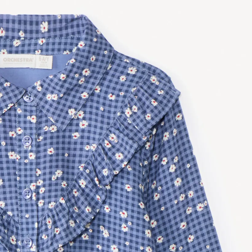 Robe manches longues à carreaux imprimé fleurs pour fille