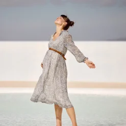 Robe manches longues ceinturée à imprimé abstrait pour femme