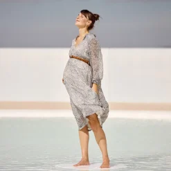 Robe manches longues ceinturée à imprimé abstrait pour femme