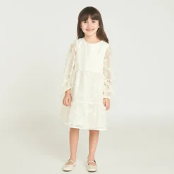 Robe à manches longues en toile avec fleurs 3D pour fille