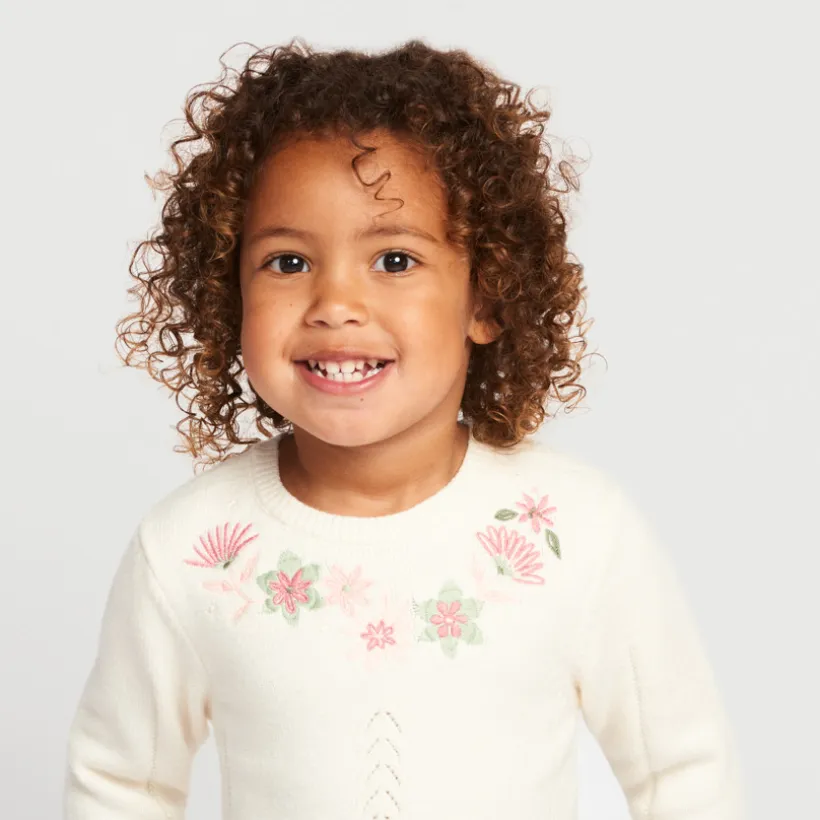 Robe manches longues en tricot et fleurs brodées pour bébé fille