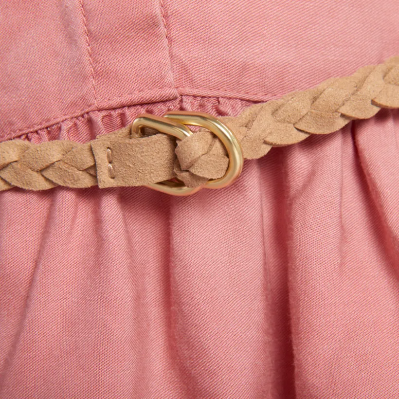 Robe manches longues style chemise avec ceinture tressé pour fille