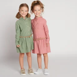 Robe manches longues style chemise avec ceinture tressé pour fille