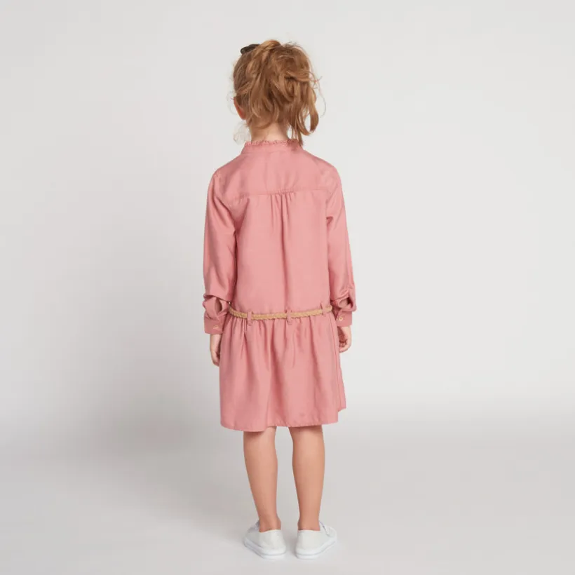 Robe manches longues style chemise avec ceinture tressé pour fille