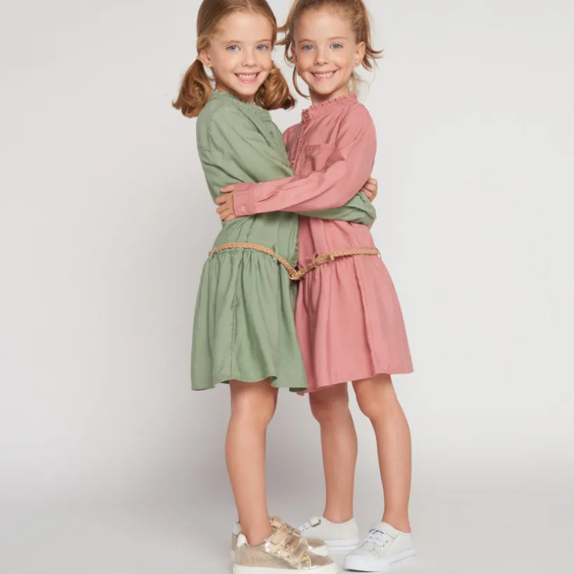 Robe manches longues style chemise avec ceinture tressé pour fille