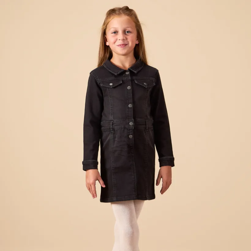 Robe manches longues uni effet chemise pour fille
