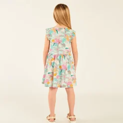 Robe manches volantées en voile imprimé tropical pour fille
