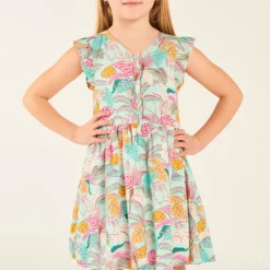 Robe manches volantées en voile imprimé tropical pour fille