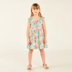 Robe manches volantées en voile imprimé tropical pour fille