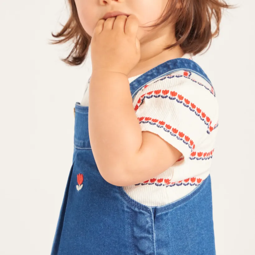 Robe salopette en denim brodée tulipes pour bébé fille