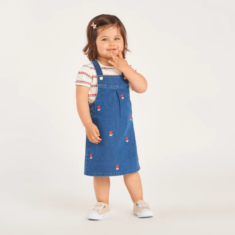 Robe salopette en denim brodée tulipes pour bébé fille