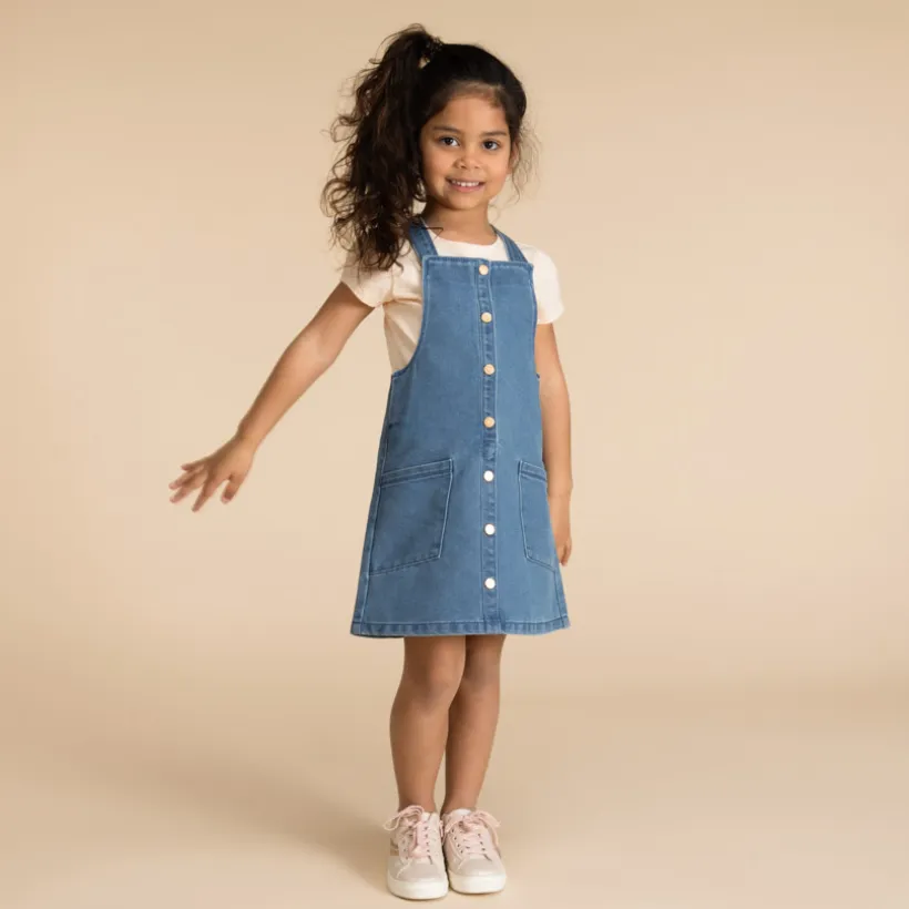 Robe salopette uni en denim avec poches pour fille