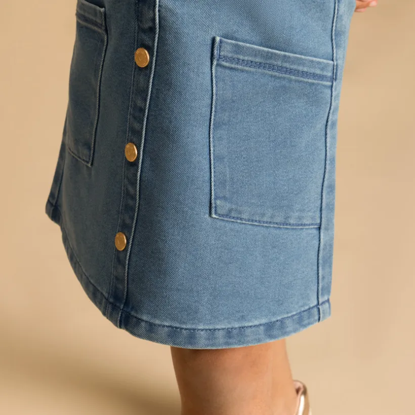 Robe salopette uni en denim avec poches pour fille
