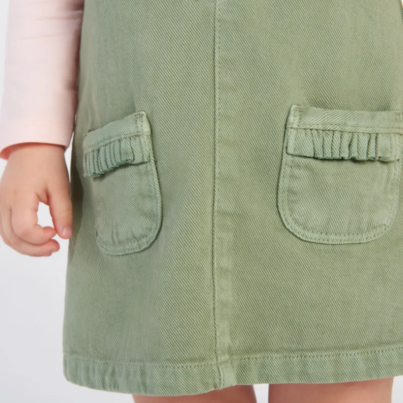 Robe salopette uni en denim kaki à poches pour bébé fille