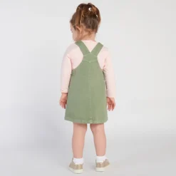 Robe salopette uni en denim kaki à poches pour bébé fille