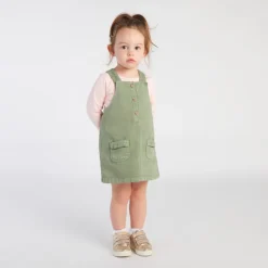Robe salopette uni en denim kaki à poches pour bébé fille