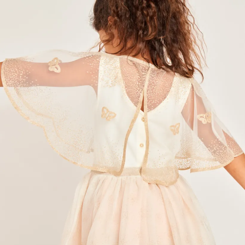 Robe sans manches bi-matières avec cape papillon pour fille