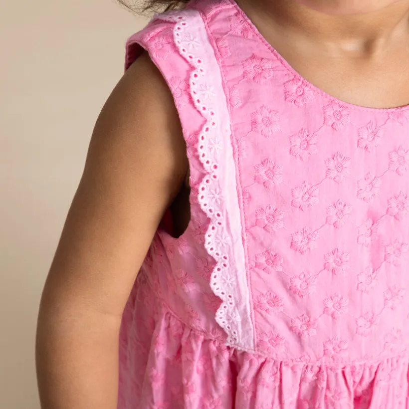 Robe sans manches en voile doublé et broderie anglaise pour bébé fille