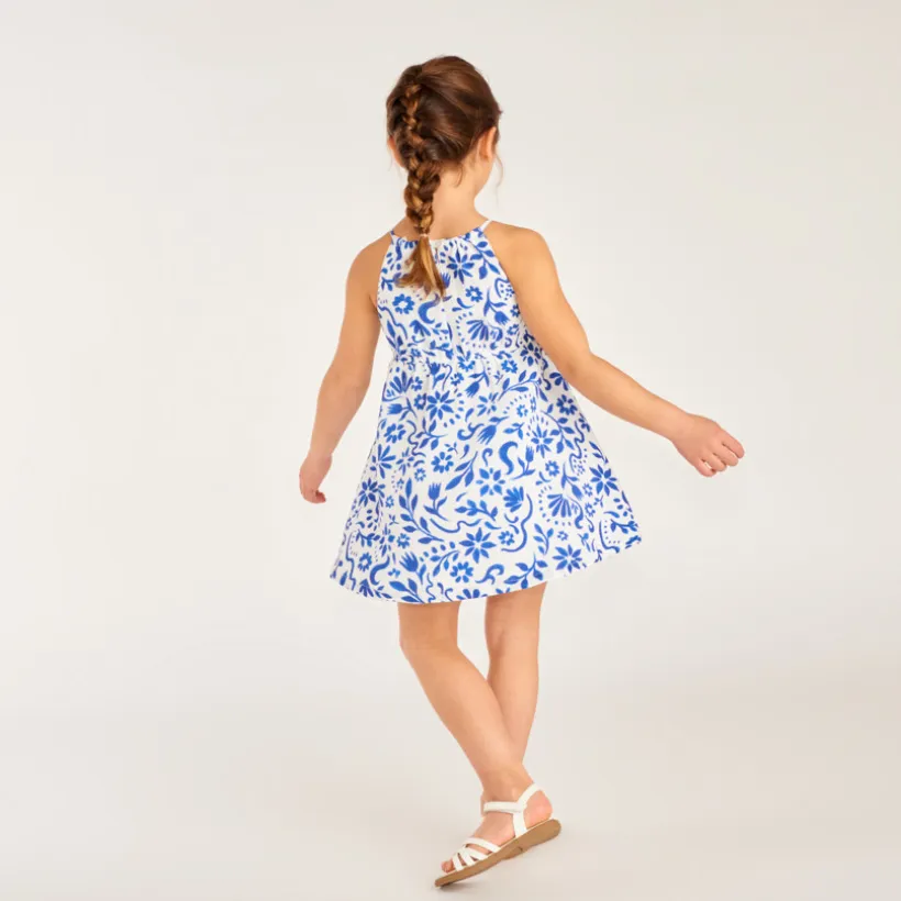 Robe sans manches imprimée fleurs avec taille nouée pour fille