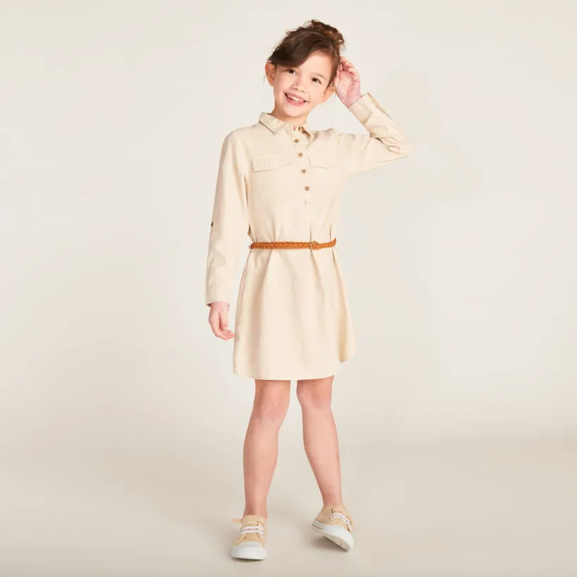 Robe style chemise à manches longues + ceinture pour fille