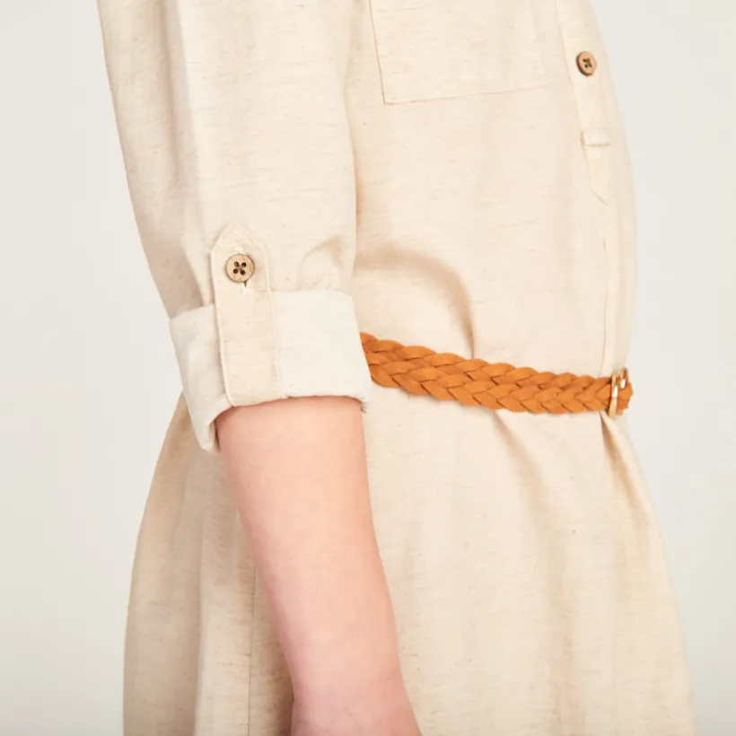 Robe style chemise à manches longues + ceinture pour fille