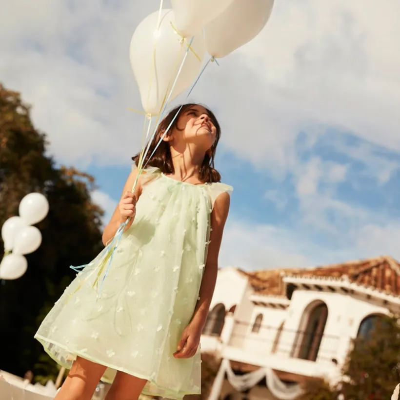 Robe unie en tulle avec petites fleurs 3D pour fille