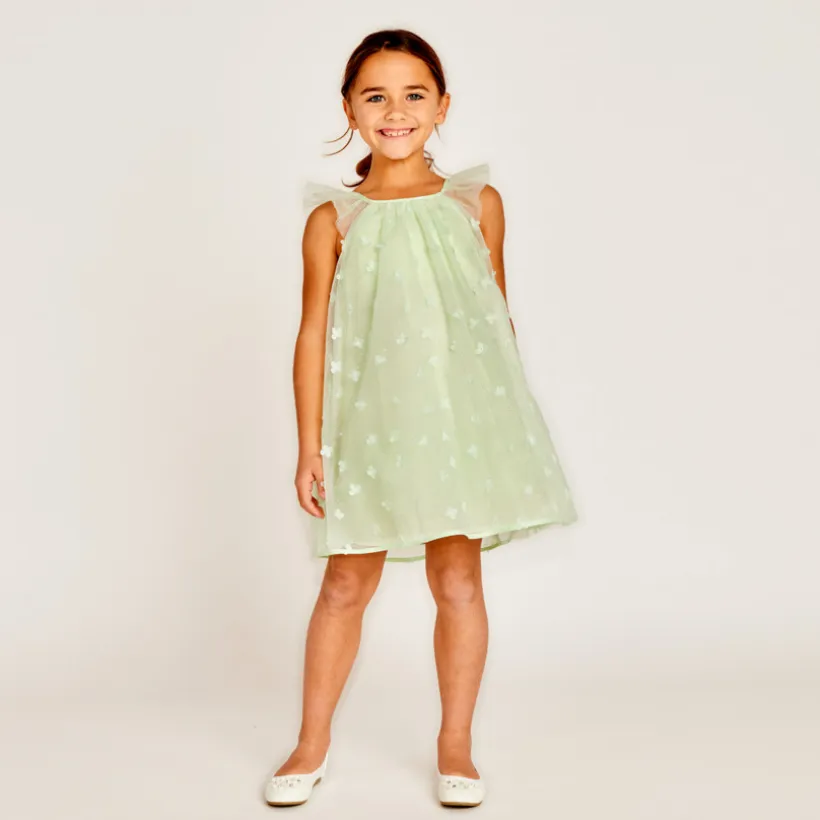 Robe unie en tulle avec petites fleurs 3D pour fille