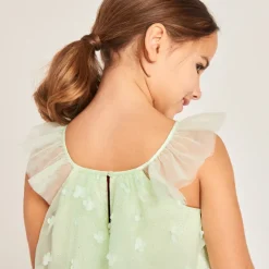 Robe unie en tulle avec petites fleurs 3D pour fille