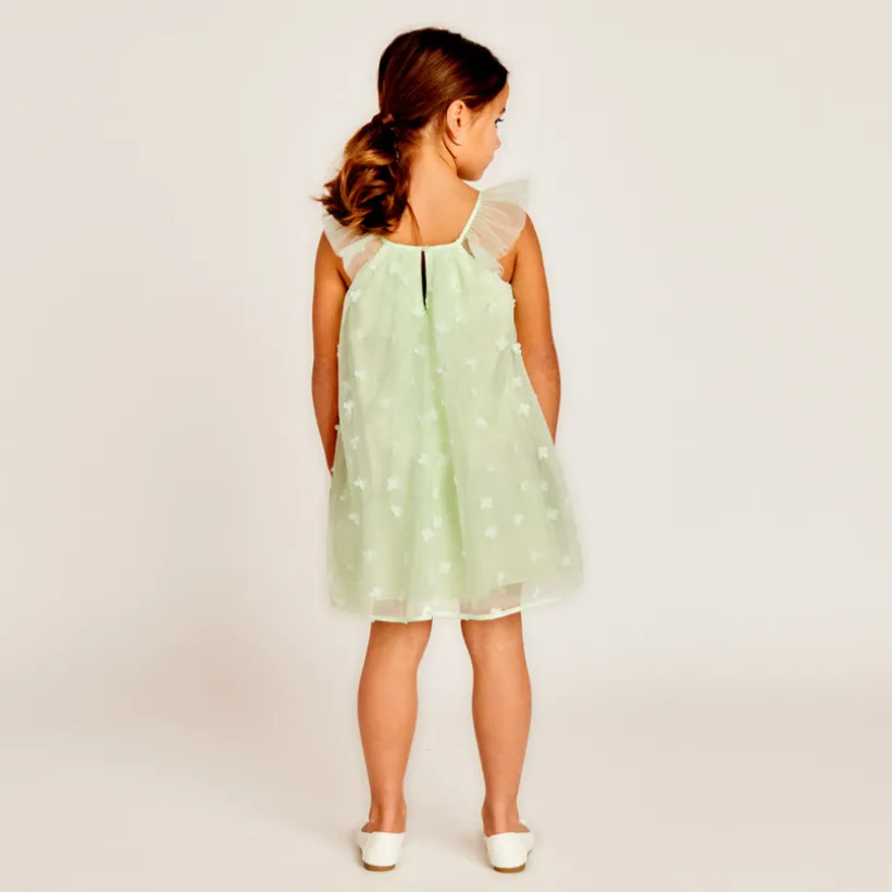 Robe unie en tulle avec petites fleurs 3D pour fille