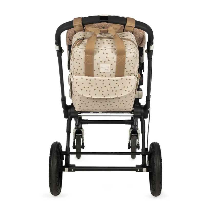 Sac à dos à langer imprimé cœurs Poppy + tapis cannelle