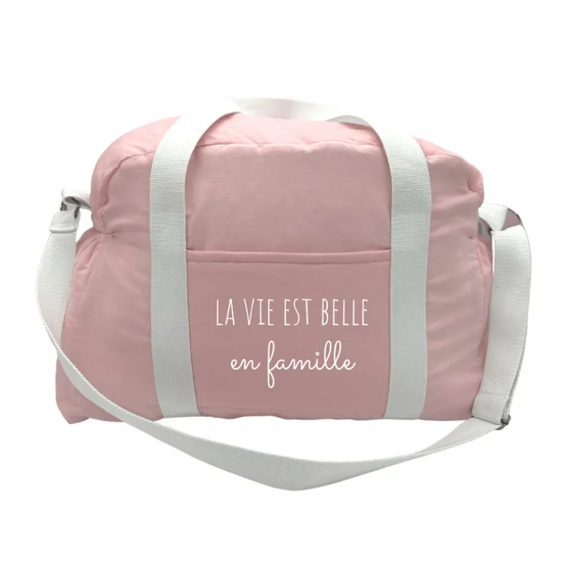 Sac à langer en lin "La vie est belle en famille" rose