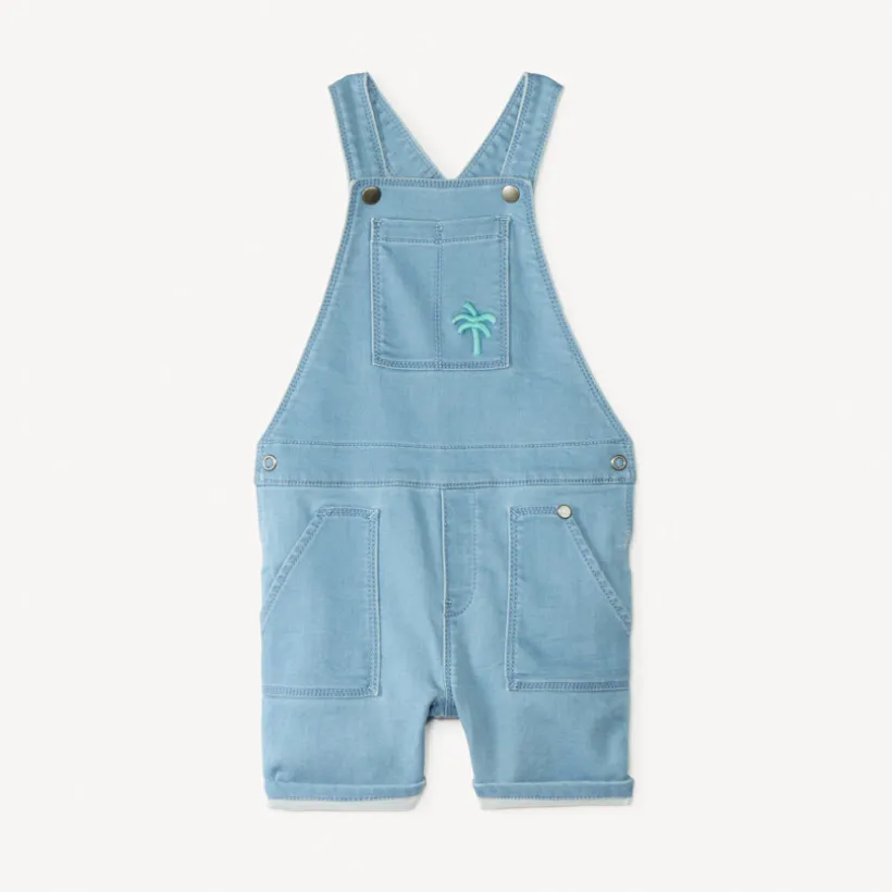 Salopette courte en jean style workwear avec broderie palmier pour bébé garçon