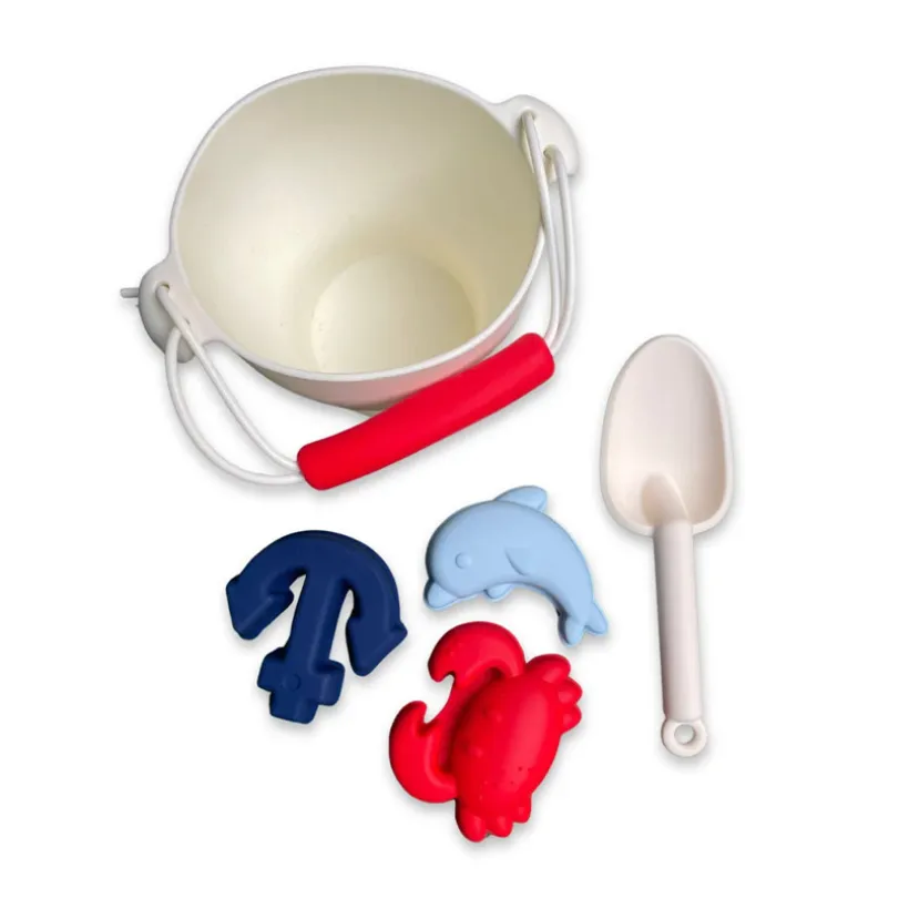 Seau de plage avec pelle et 3 moules en silicone Océan