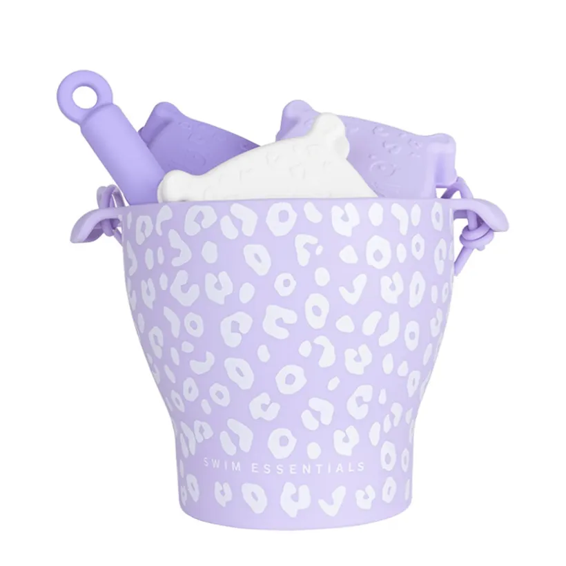 Seau de plage avec pelle et 3 moules en silicone Léopard lilas