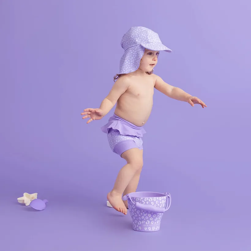 Seau de plage avec pelle et 3 moules en silicone Léopard lilas