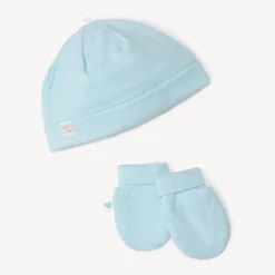 Set bonnet + moufles de naissance uni pour bébé garçon