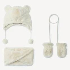 Set bonnet + snood + moufles en sherpa pour bébé fille