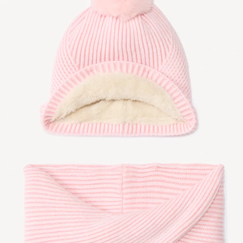 Set bonnet + snood tricot côte assortie doublé sherpa pour fille