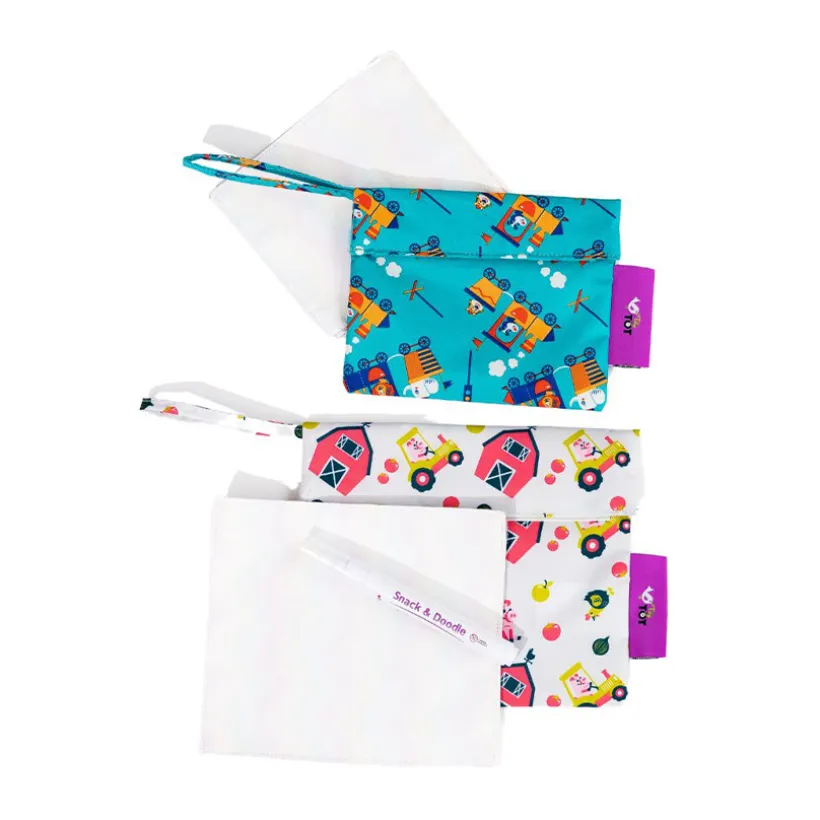 Set de 2 sacs à goûter Snack & Doodle avec tapis de dessins à l'eau Ferme/Trains