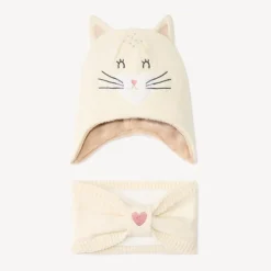 Set en tricot bonnet ludique chat + snood pour bébé fille