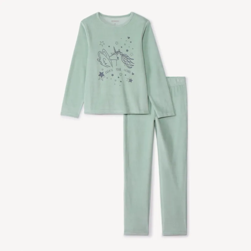 Set pyjama en velours printé uni pour fille