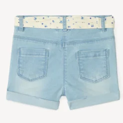 Short en denim avec broderie fruit + ceinture à nouer pour bébé fille