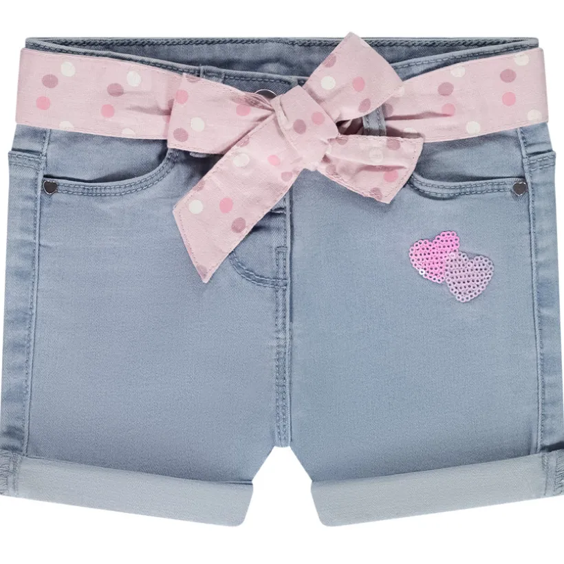 Short en denim avec ceinture foulard et coeurs en sequins pour bébé fille