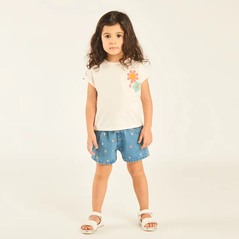 Short en jean avec broderie fleurs pour bébé fille