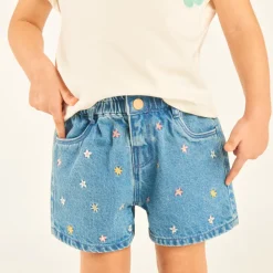 Short en jean avec broderie fleurs pour bébé fille
