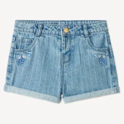 Short en jean à rayures surpiquées et broderie fleurs pour bébé fille