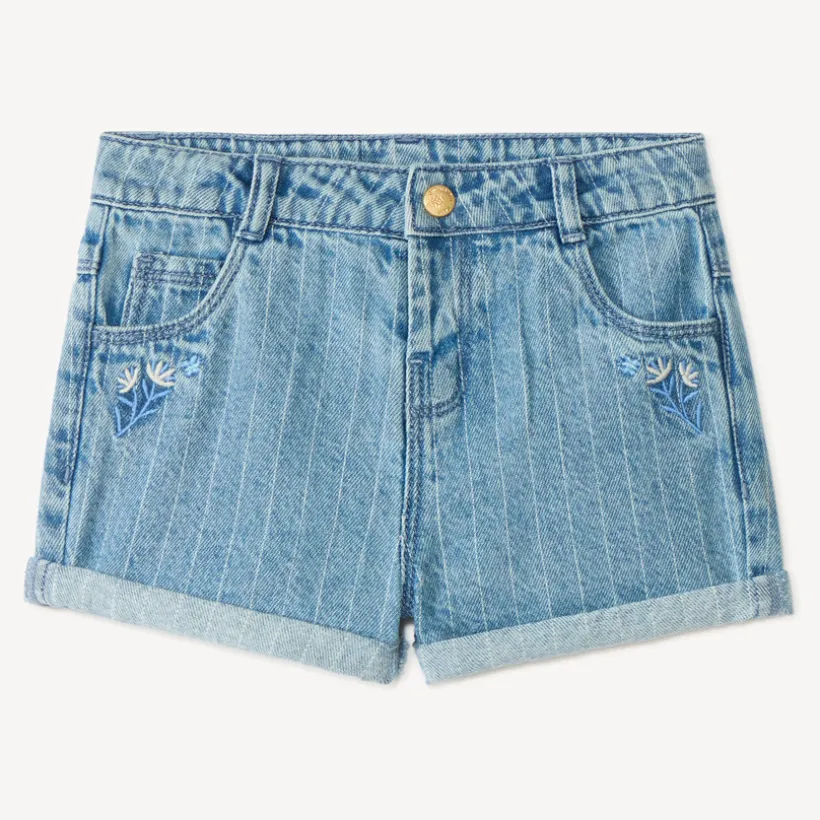 Short en jean à rayures surpiquées et broderie fleurs pour bébé fille