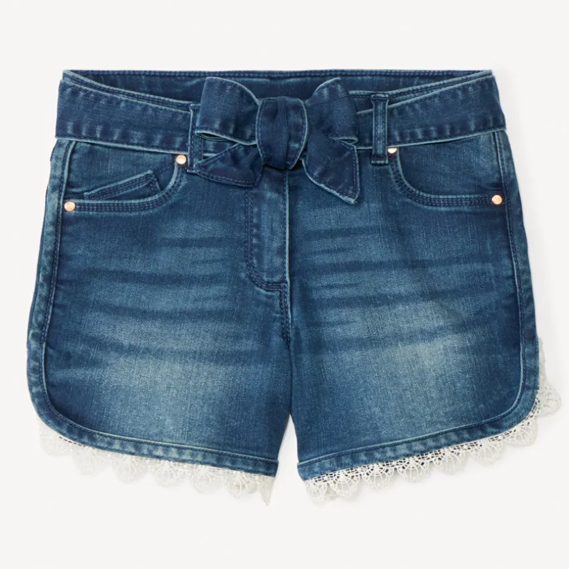 Short en jeans avec ceinture à nouée et détail en dentelles pour fille